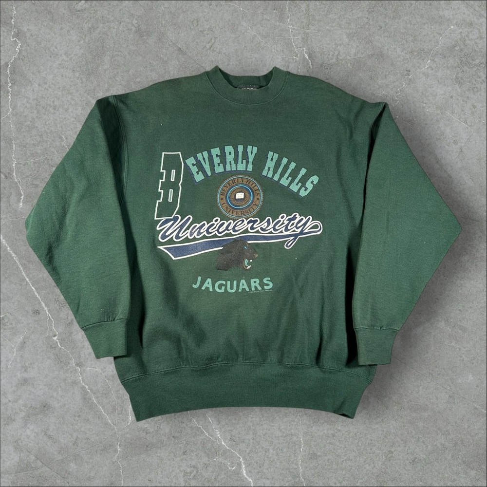 Vintage Beverly Hills University Sweatshirt‎ Mens XL Green 90s Crew Flock Print
